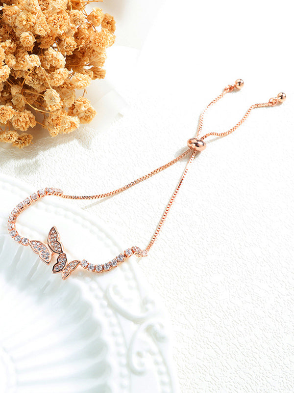 Copper Plated 18K Gold Butterfly Bracelet Simple Diamond Adjustable Pull