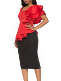 Sling Shoulder Ruffle Sleeve Red Top Women Slim Fit
