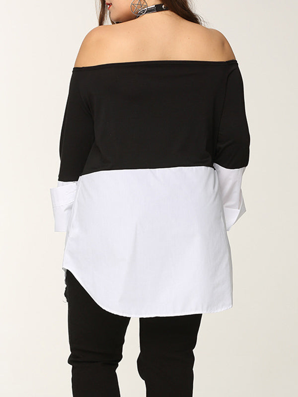 Black And White Stitching Collar Off-shoulder Long-sleeved Shirt Top Plus Size