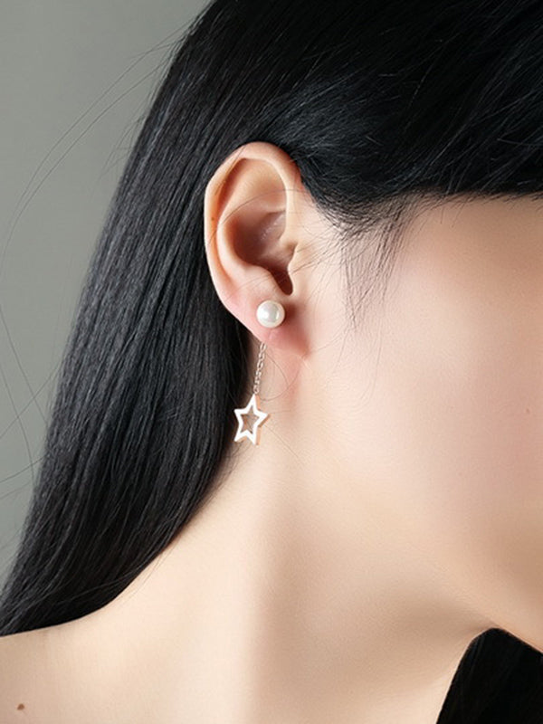 Pentagon Star Moon Asymmetric Long Earrings Temperament Pearl Earrings