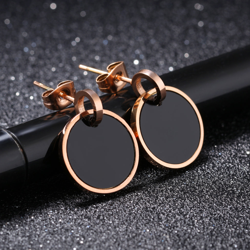 Simple Round Black Film Earrings Wild Titanium Steel Rose Gold Black Earrings
