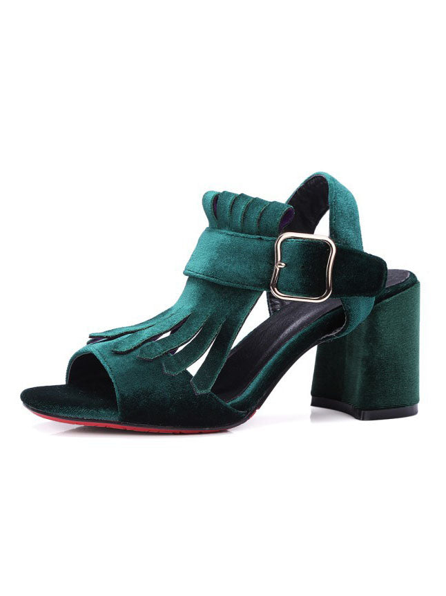 Matte Suede Thick with Belt Buckle High Heel Tassel Shoes Female Fish Mouth Sandals High Heels