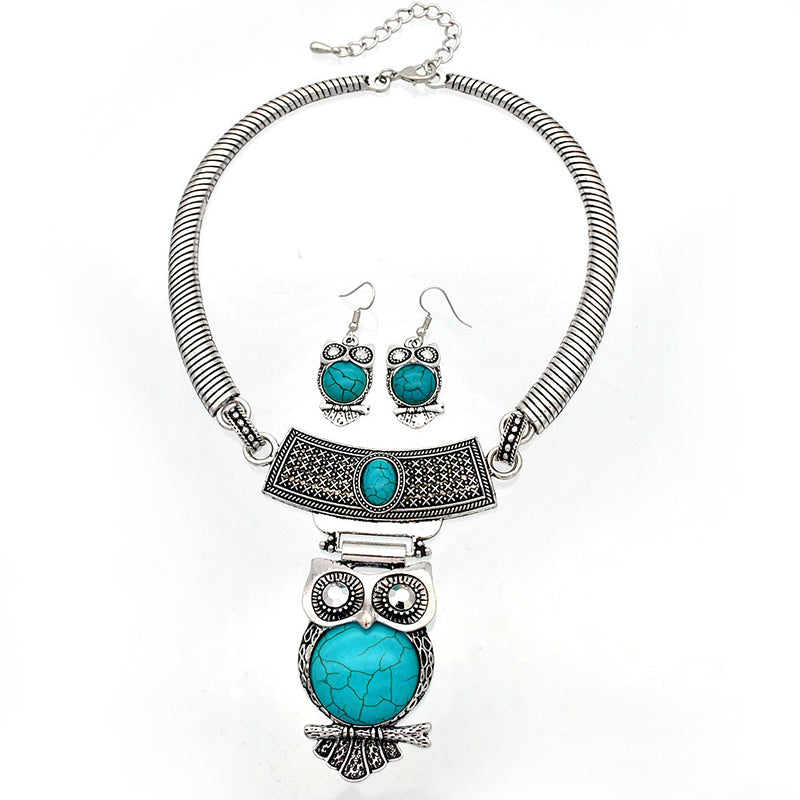 Ethnic Style Owl Turquoise Collar Earring Set