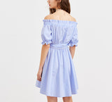 One-neck Collar Blue Striped Stitching Dress