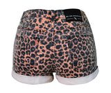 High Waist Curled Ladies Leopard Print Denim Shorts