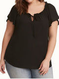 Ruffled V-neck Lace-up Short-sleeved T-shirt