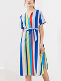 Printed V-neck Lace-up Short-sleeved Rainbow Dress