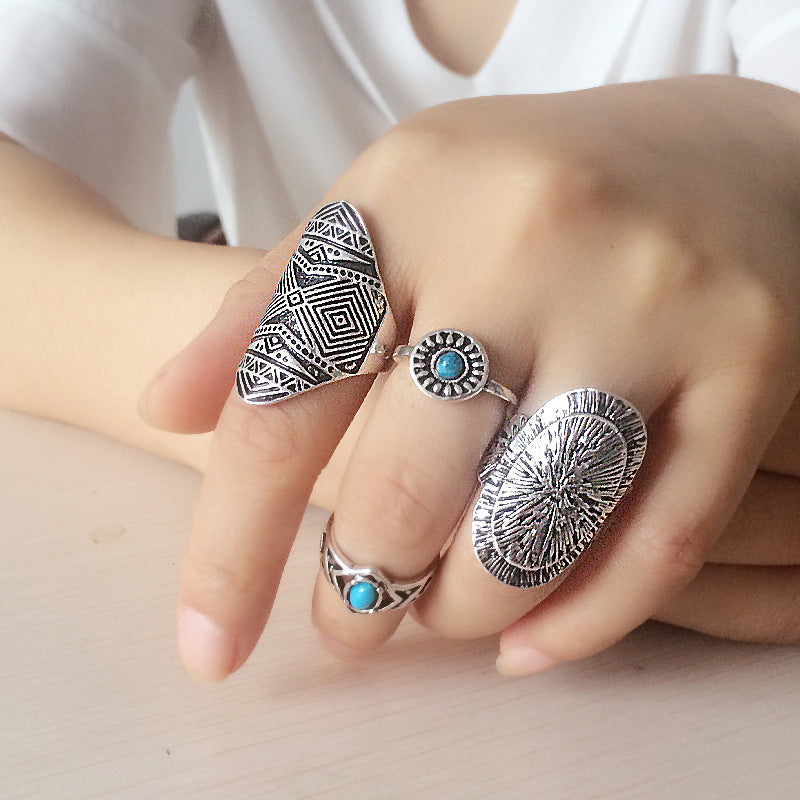 Ring Finger Set Ethnic Wind Carved Diamond Retro Gemstone Ring Seven-piece Set