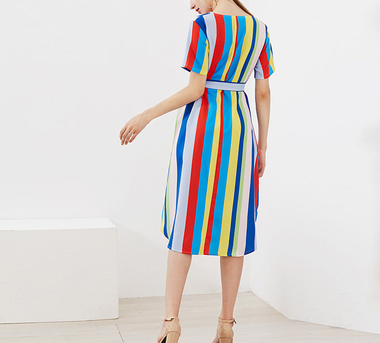 Printed V-neck Lace-up Short-sleeved Rainbow Dress