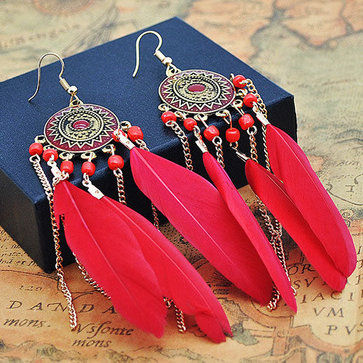 Baroque Painted Oil Color Feather Earrings Bohemian Painted Rice Beads Feather Tassel Earrings