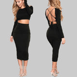 Long Sleeved Backless Slim Two Piece Dress