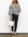 Sexy Word Collar Strapless Striped Long Sleeve Trumpet Sleeve Shirt