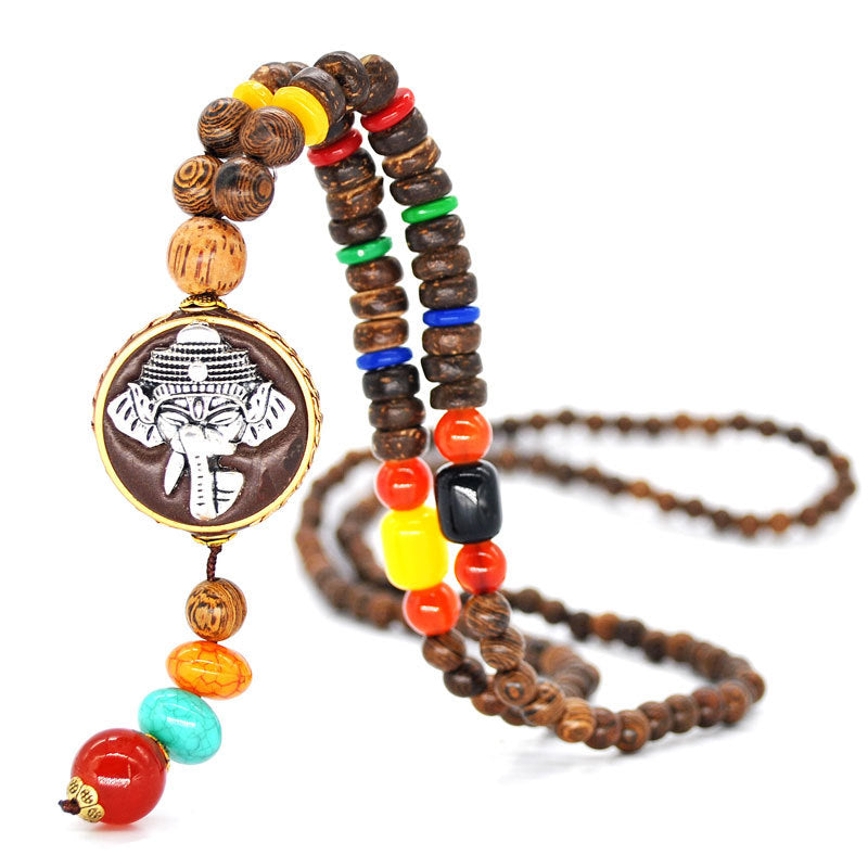Tumbler Retro Horns Transfer Fish Wood Necklace Literary Long Paragraph Buddha Wood Beads Sweater Chain