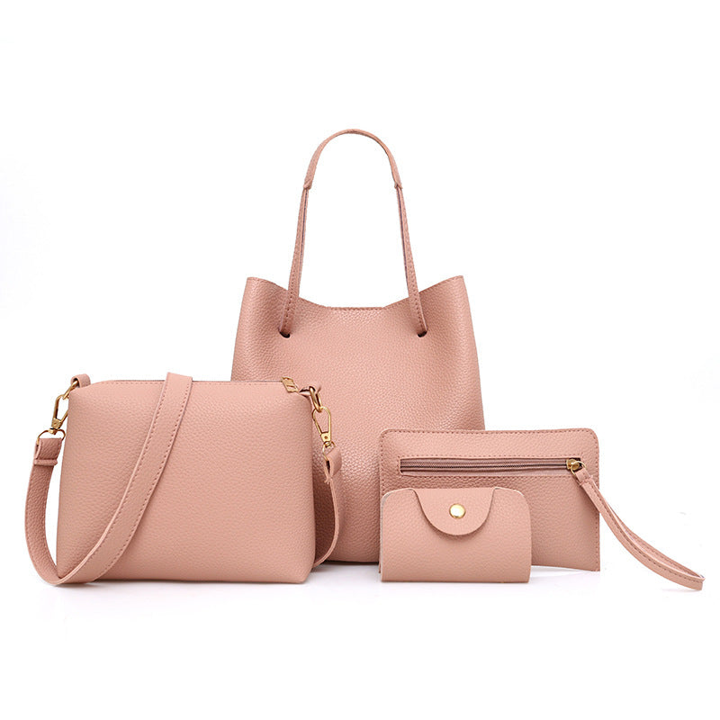 Fashion Solid Color Mother Bag Lychee Four-piece Handbags Simple Shoulder Bag