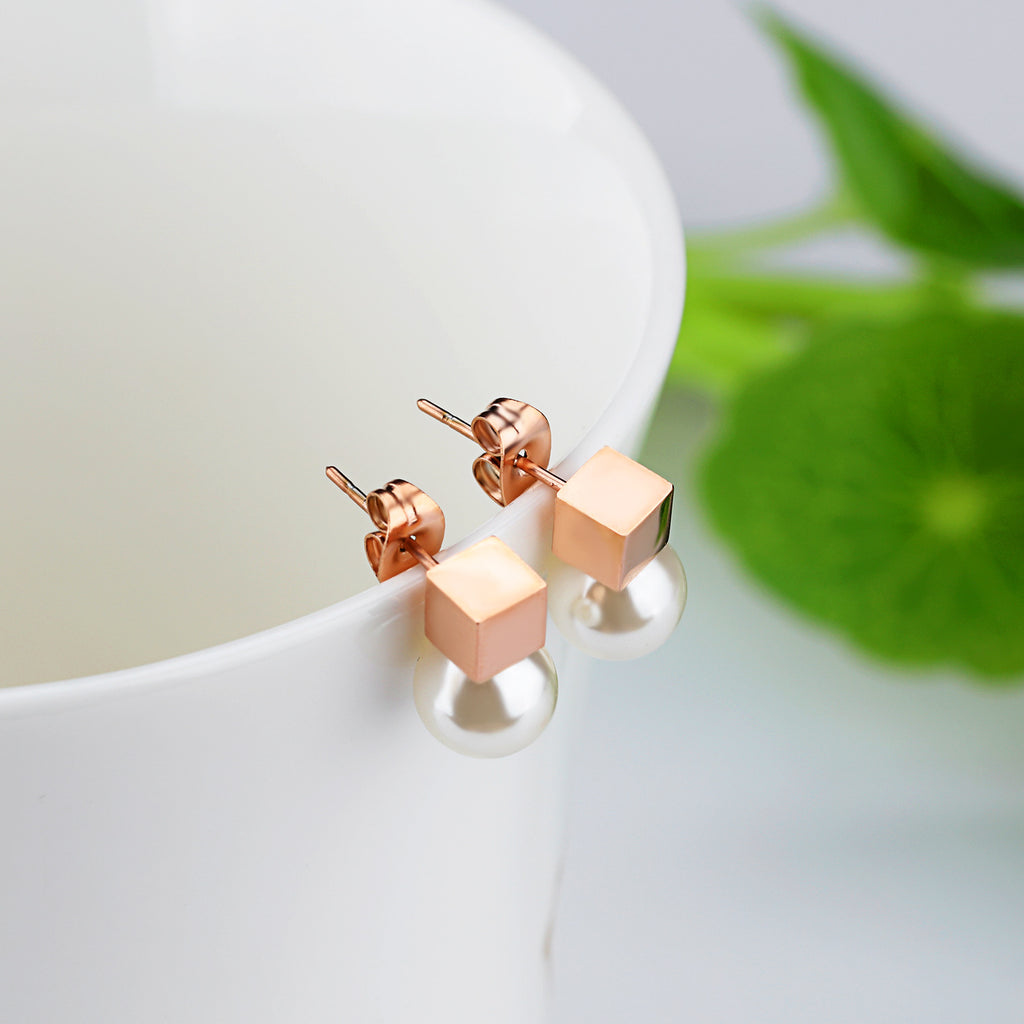 Simple Square Geometric Earrings Female Titanium Steel Temperament Pearl Earrings