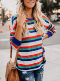 Autumn and Winter Loaded Rainbow Striped Long-sleeved Wild T-shirt Female