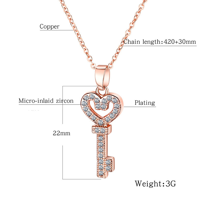 Diamond-studded Copper Plated 18K Gold Key Necklace Love Clavicle Chain