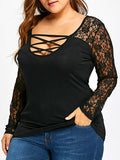 Plus Size Lace Stitching Long Sleeve Bottoming Shirt Cotton T-shirt Top