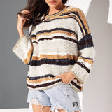 Sweater Striped Knit Casual Pullover Sweater Top Round Neck Flare Sleeve