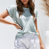 Striped Round Neck Short Sleeve Loose Cotton T-shirt