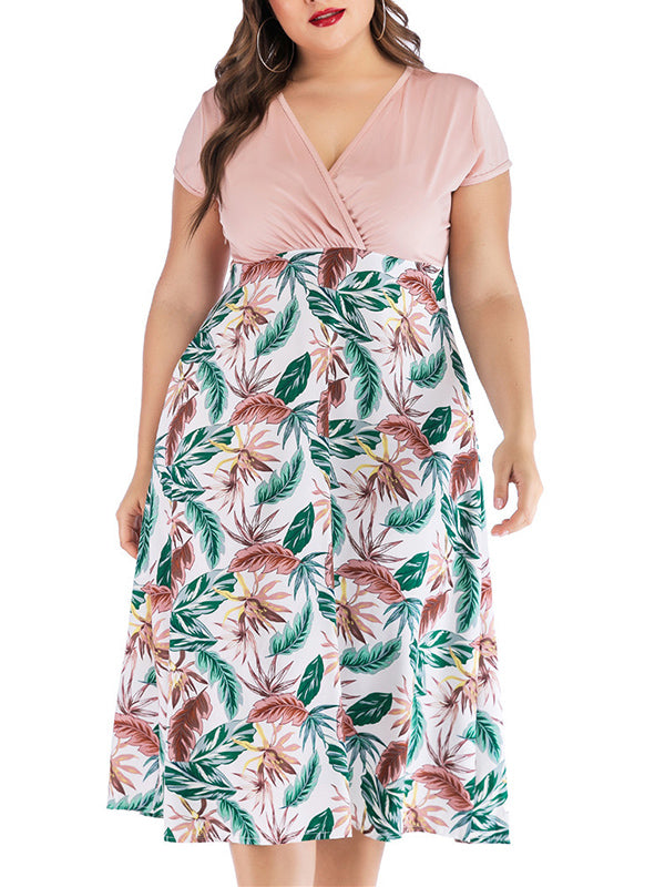 Plus Size Short-sleeved Solid Color Blouse Stitching Print Dress