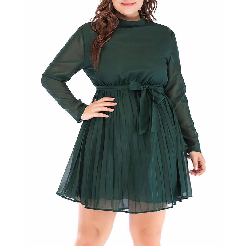 Long-sleeve Stand-up Collar Solid Pleated Chiffon Dress Plus Size