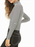 Zip-strap High-neck Long-sleeved Tight-fitting Striped T-shirt