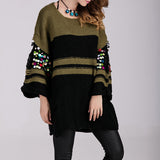 Long-sleeved Loose Striped Sequin Stitching Knit Mid-length Openwork Sweater