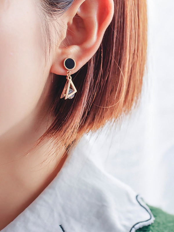 Black Round Triangle Clip Diamond Earrings Titanium Steel Plated 18k Rose Gold Ear Jewelry