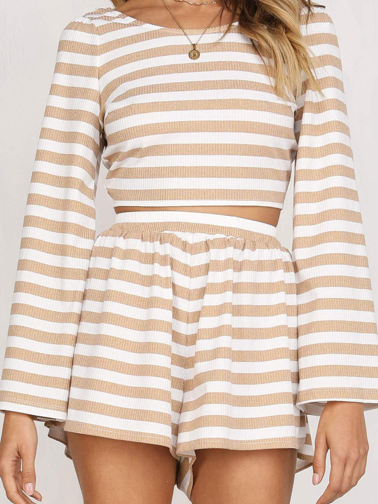 Round Neck Striped Long Sleeve High Waist Shorts Suit