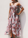 Off-the-shoulder Print Irregular Chiffon Beach Dress