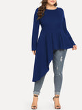 Plus Size Round Neck Long Sleeve Solid Color Long Irregular T-shirt Top