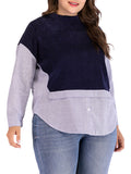 Plus Size Round Neck Striped Stitching Contrast Long-sleeved T-shirt