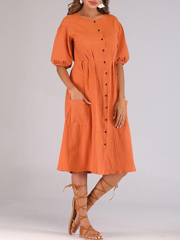 Orange Round Neck Lantern Sleeves With A Row Of Buckled Waist Holiday Cotton And Linen Dress