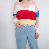 V-neck Rainbow Striped Pullover Tassel Loose Irregular Sweater