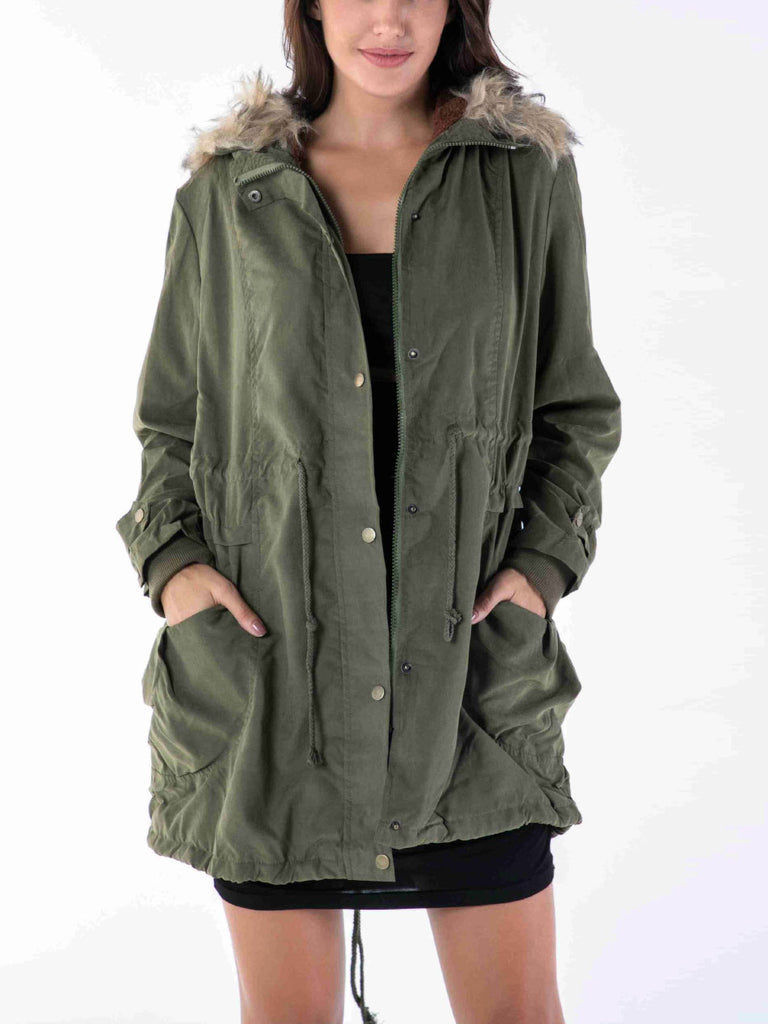 Winter Army Green Coat Fur Collar Hooded Padded Cotton Padded Cotton Women