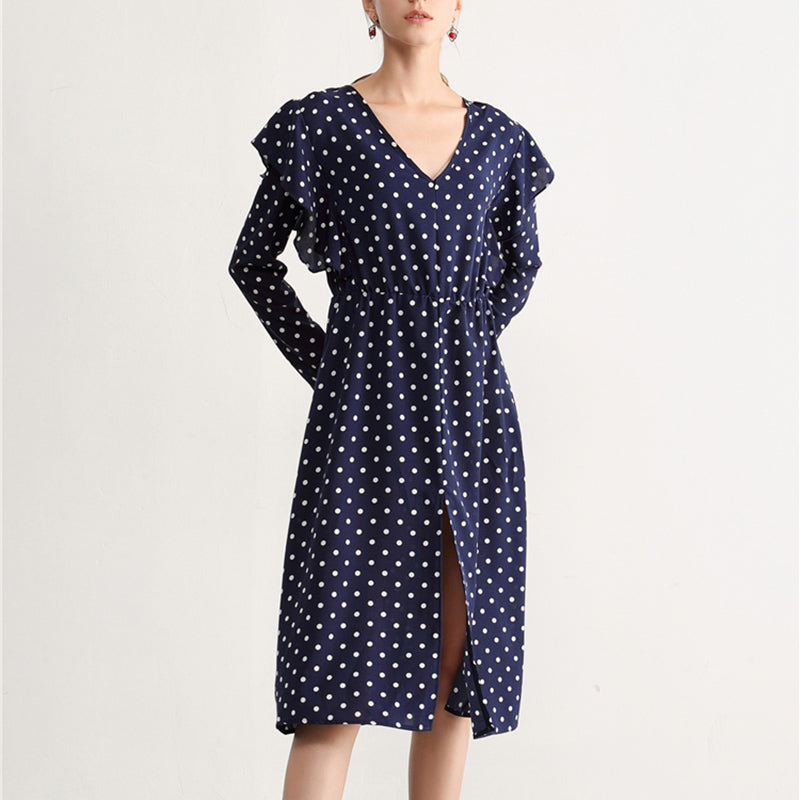 Polka-dot V-neck Long-sleeved Ruffled Split Elastic Waist Slim Dress