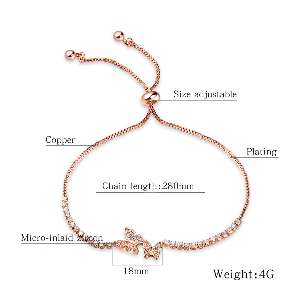 Copper Plated 18K Gold Butterfly Bracelet Simple Diamond Adjustable Pull