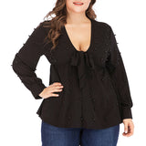 V-neck Straps Pearl Chiffon Long-sleeved T-shirt Tops Plus Size