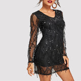 Fashion Sexy Sparkling Crystal Beads Fringed Dress Long-sleeved Skirt