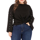 Round Neck Pullover Pearl Sleeve Black Bottoming T-shirt Top Plus Size