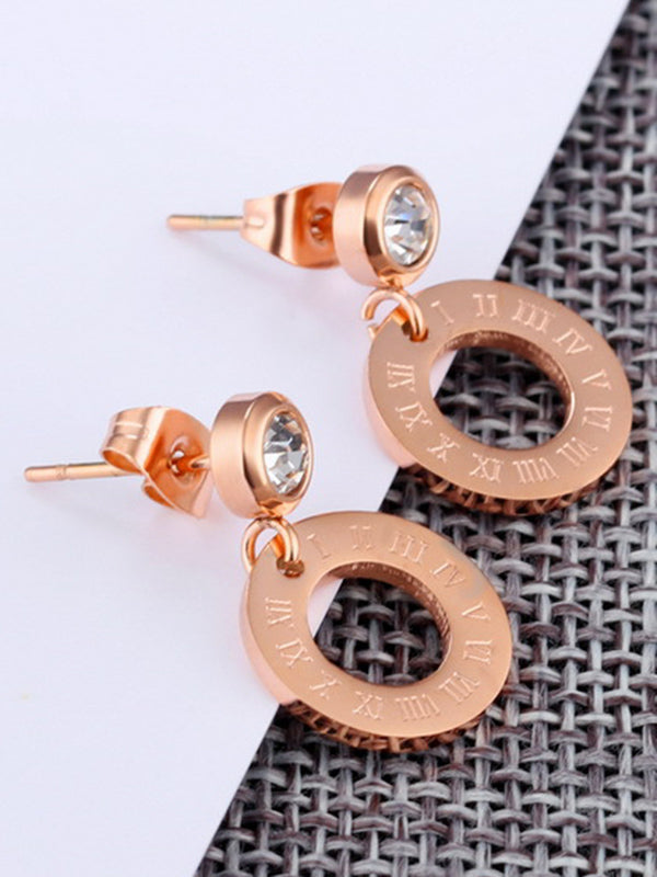 Titanium Steel Color Gold Plated Rose Gold Roman Numerals Hollow Round Single Diamond Stud Earrings