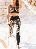 Leopard Stitching Sports Bra Tights Fitness Yoga Suit Women's Two-piece Suit