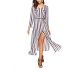 Long Sleeve Shirt Dress Striped Split Long Dress