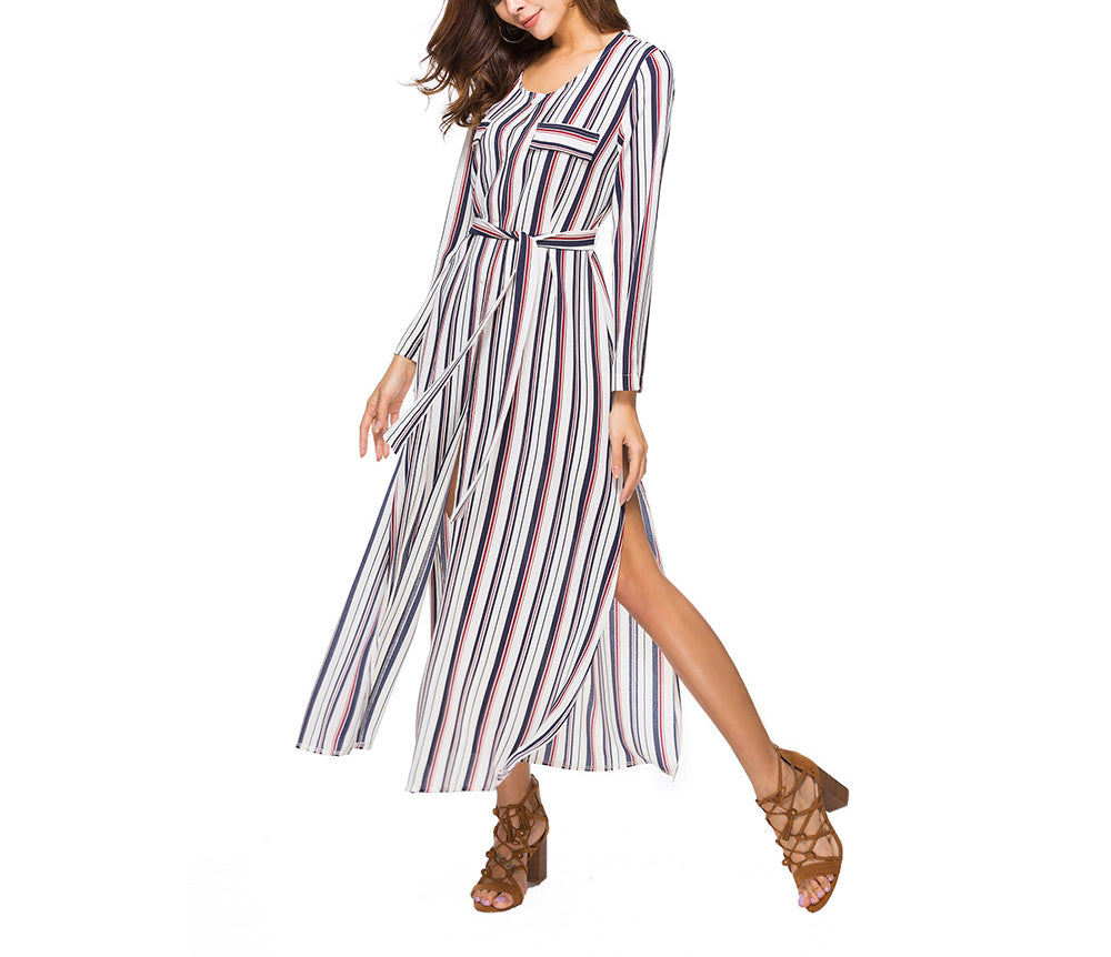 Long Sleeve Shirt Dress Striped Split Long Dress