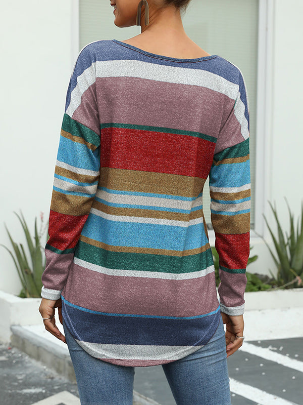 Multicolor Striped Print Round Neck Long Sleeve Slim T-Shirt Top