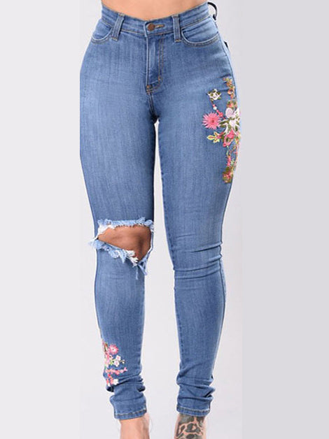 Embroidered High-elastic Denim Trousers