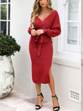 Autumn and Winter Women's Solid Color Bat Sleeve Knit Sweater Dress