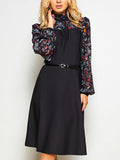 Autumn and Winter Women's Black Long-sleeved Printed Dress Retro Elegant Dress