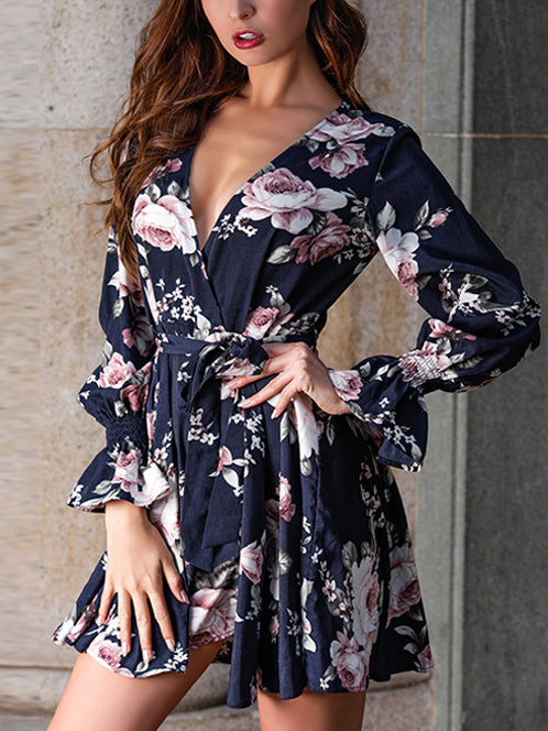 New Printed V-neck Long-sleeved Casual Dress